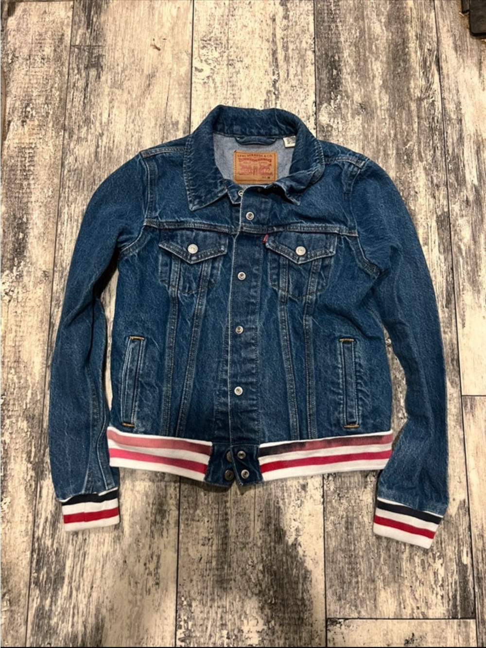 Levi's Kids Blue Denim Jacket with Red & White Stripe Trim